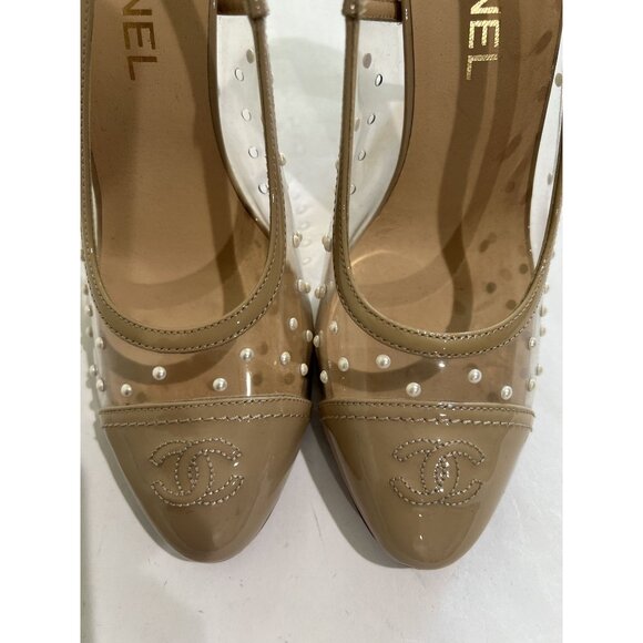CHANEL PVC Cap Toe Pearl Pumps in Tan - Picture 3 of 6